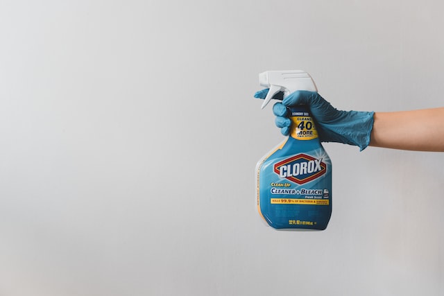 Hand with a blue glove on holding a Clorox bottle in front of a white wall